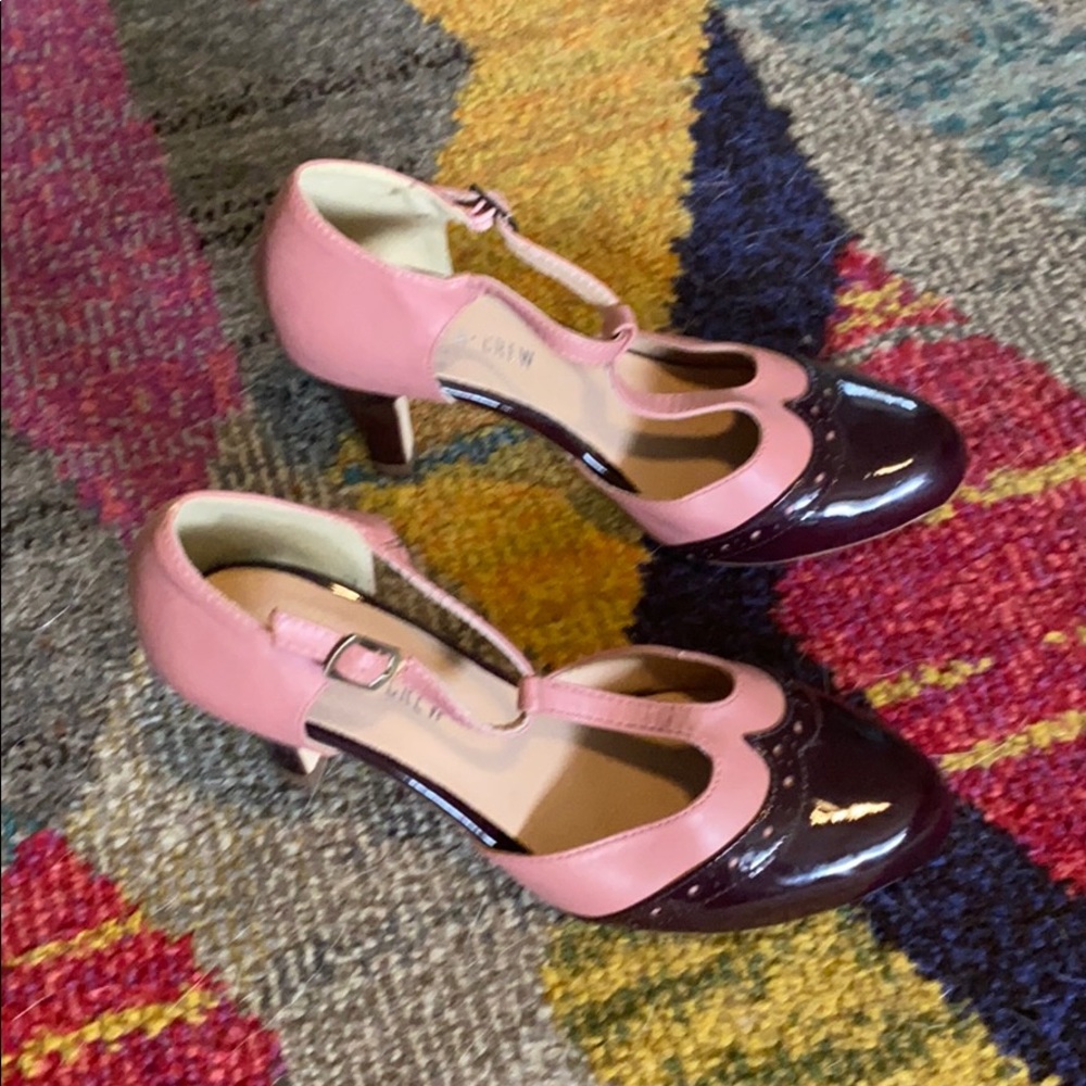Chelsea Crew T strap pink and maroon heeled shoes